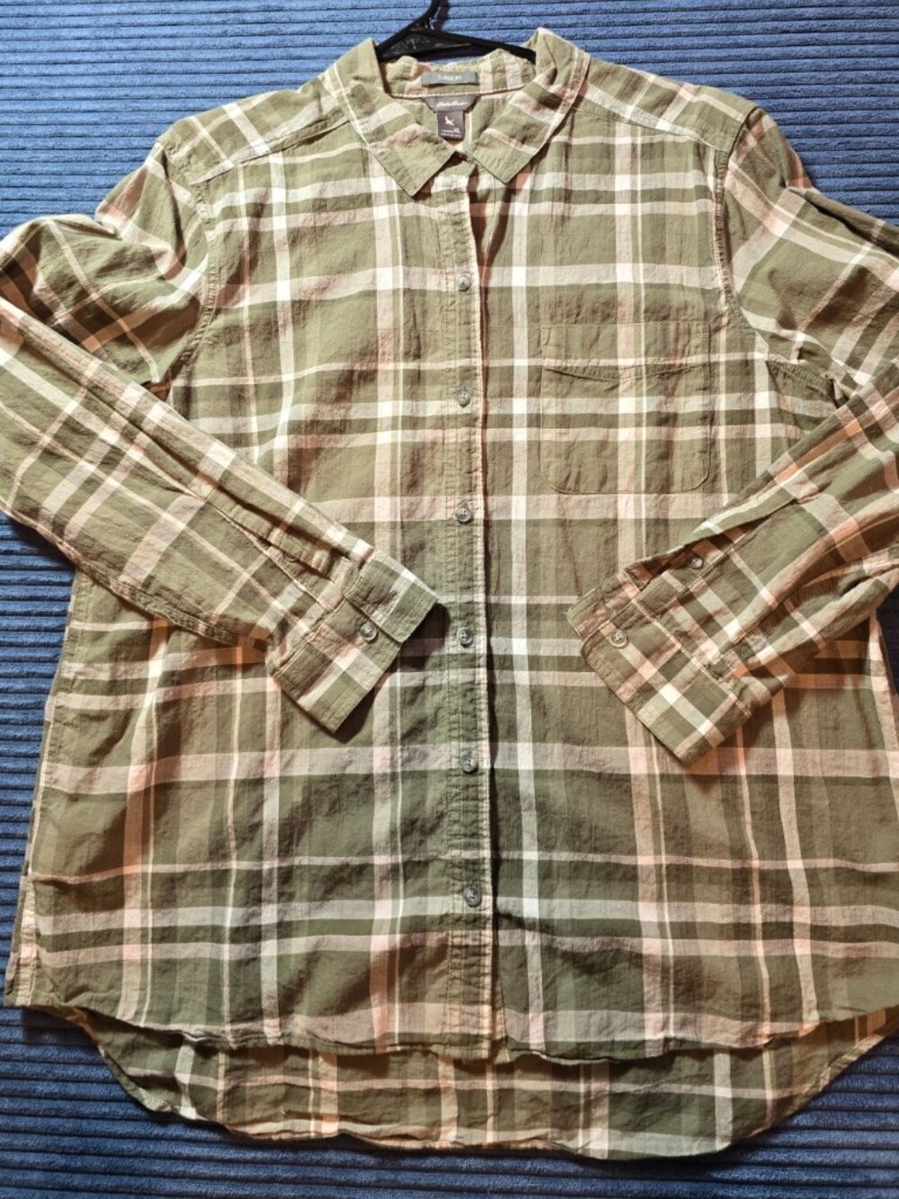 Eddie Bauer Women’s XL Classic Fit Plaid Shirt – Green Beige Check – Long Sleeve